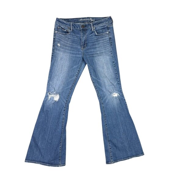 American Eagle AE77 High Rise Flare Jeans Womens 10 Blue Distressed Wide Leg - Picture 11 of 11